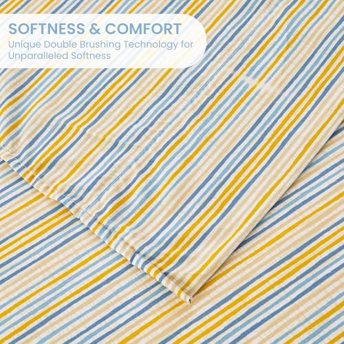 Mooreeke Striped King Bed Sheets, Deep Pocket 4 Piece King Sheet Set, Soft Microfiber Blue Yellow Pinstripe Bedding Sheets & Pillowcases Mooreeke