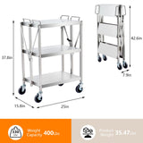 Agrestem Portable Folding Service Cart, 3 Shelf Stainless Steel cart, 3 Stainless Steel Shelves Up to 440 lbs Load Capacity, Folding Collapsible Service Cart for Office Home Warehouse Agrestem