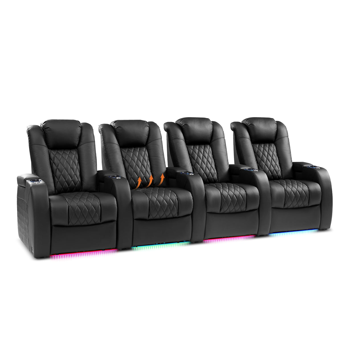 Weilianda Home Theater Seating, Top Grain Leather Zero Gravity Movie Seats Recliner Sofa, Reclining Gaming Couch with Power Lumbar 7 Colors Ambient Lighting USB C Charge Row of 4 Black Weilianda