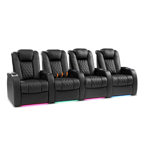Weilianda Home Theater Seating, Top Grain Leather Zero Gravity Movie Seats Recliner Sofa, Reclining Gaming Couch with Power Lumbar 7 Colors Ambient Lighting USB C Charge Row of 4 Black Weilianda