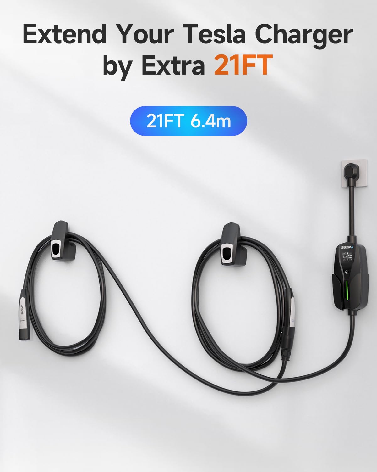 32A EV Charger Extension Cord for Tesla Charger, 21ft EV Extension Cable for Level 1/2 Tesla Home Chargers/Tesla Wall connectors, Max 240V 7.68kW NACS Extension Cable for Tesla Y/X/3/S/Cyber-truck SEGUMA