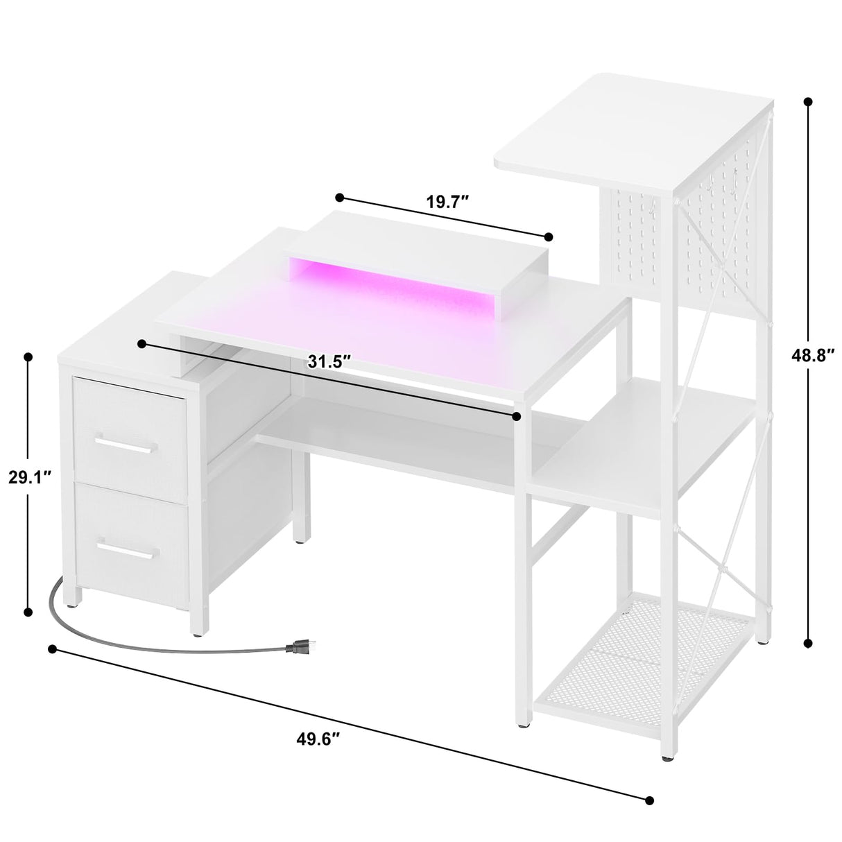 Small Gaming Desk with 2 Fabric Drawers - Reversible Computer Desk with Power Outlet & LED Lights, 49" Office Desk with Monitor Stand & Storage Shelves, Writing Study Table with Pegboard, White Besiost