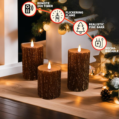 NICEME Rechargeable LED Pine Bark Flameless Candles with Timer Remote USB Cable, Brown Real Wax USB Candles Flickering Fireplace Cabin Decor Electric Fake Battery Pillar Bark Candles, D 3”×H  - WoodArtSupply