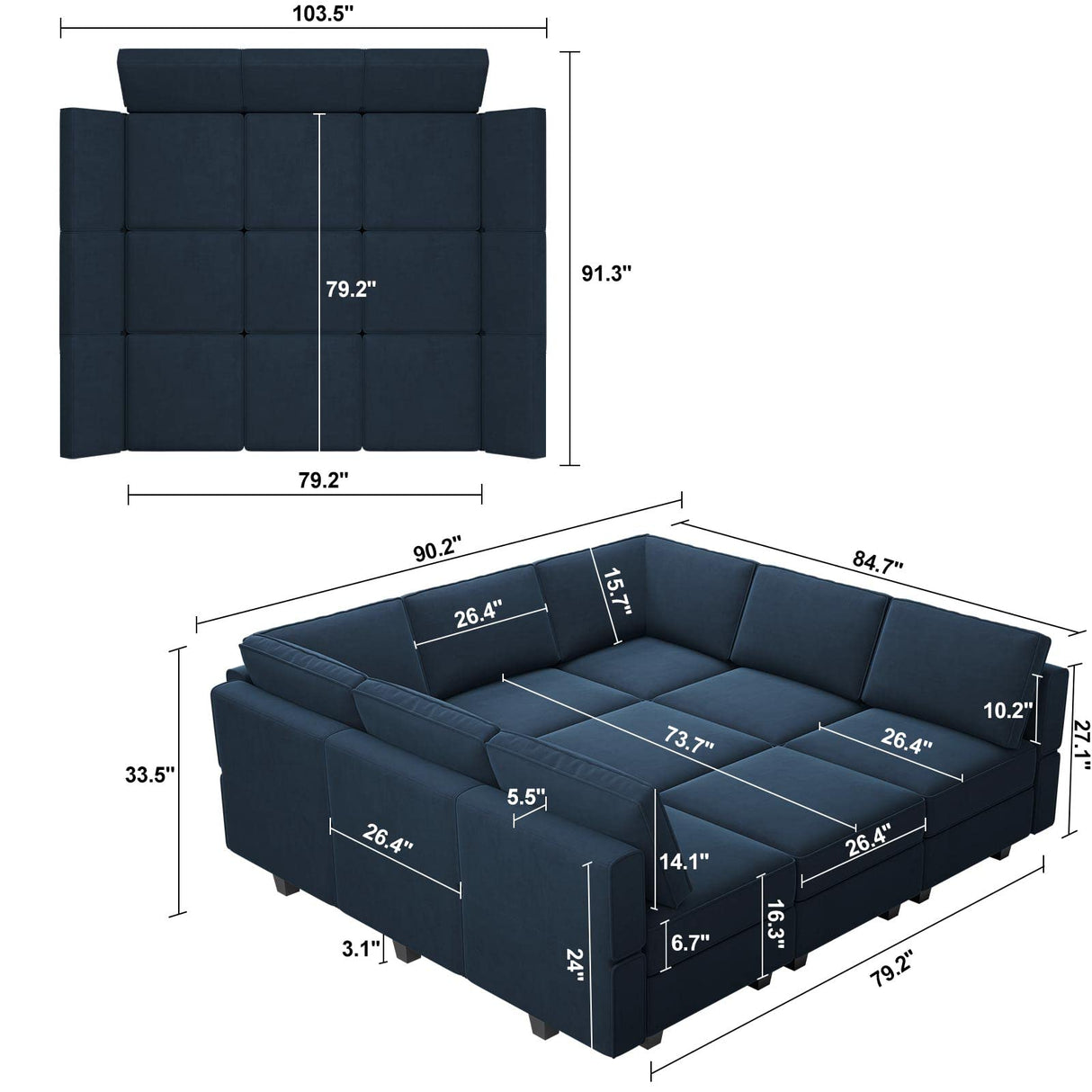 Belffin Modular Sectional Sofa with Ottomans Velvet Reversible Sleeper Sectional Sofa with Chaise Modular Sleeper Sofa Bed with Storage Seat Blue Belffin