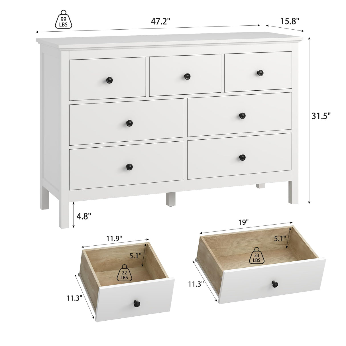 LYNSOM White Dresser for Bedroom, 7 Wide Drawer Deep Dresser with Metal Handles, Wood Dressers & Chests of Drawers for Hallyway, Entryway LYNSOM
