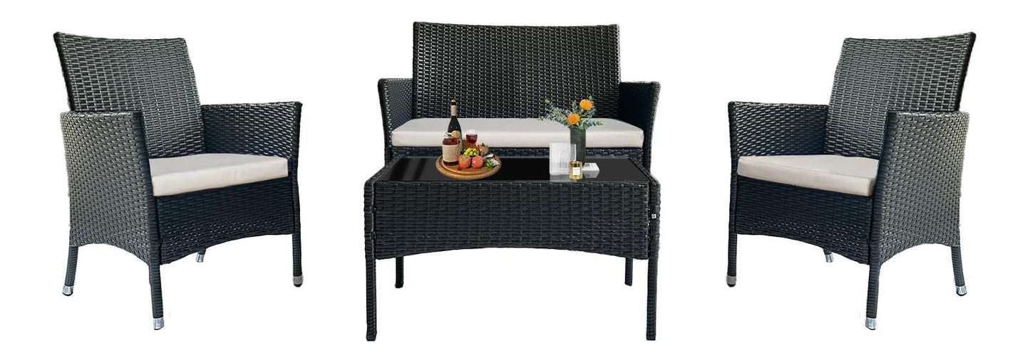 PatLoom 4-Piece Outdoor Furniture Set,Dark Brown Rattan Wicker Patio Sofa,Elegant Patio Conversation Set with Glass Top Coffee Table for Garden, Backyard, Poolside, Balcony (Beige Cushions) - WoodArtSupply