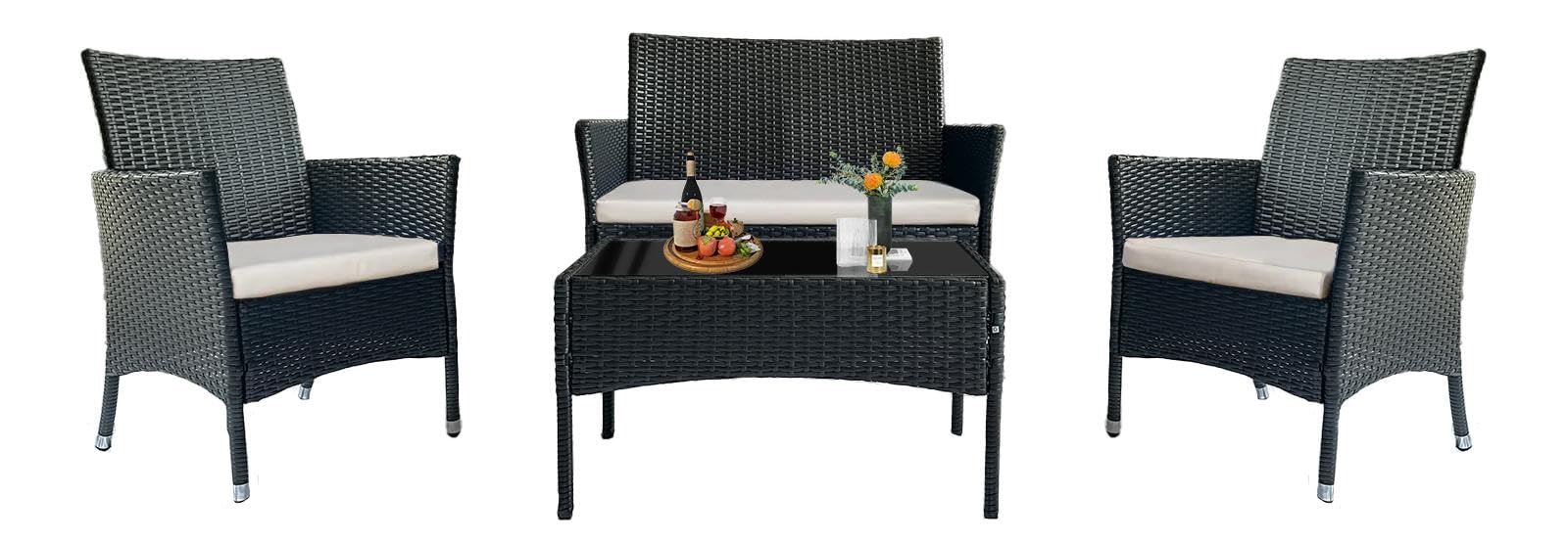 PatLoom 4-Piece Outdoor Furniture Set,Dark Brown Rattan Wicker Patio Sofa,Elegant Patio Conversation Set with Glass Top Coffee Table for Garden, Backyard, Poolside, Balcony (Beige Cushions) - WoodArtSupply