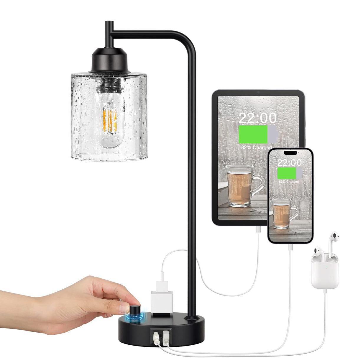 Industrial Bedside Table Lamp for Bedroom - Nightstand Lamps with USB C Charging Port, Fully Dimmable Black Ports and Outlets, Small Desk Glass Shade Office Living Room Innqoo