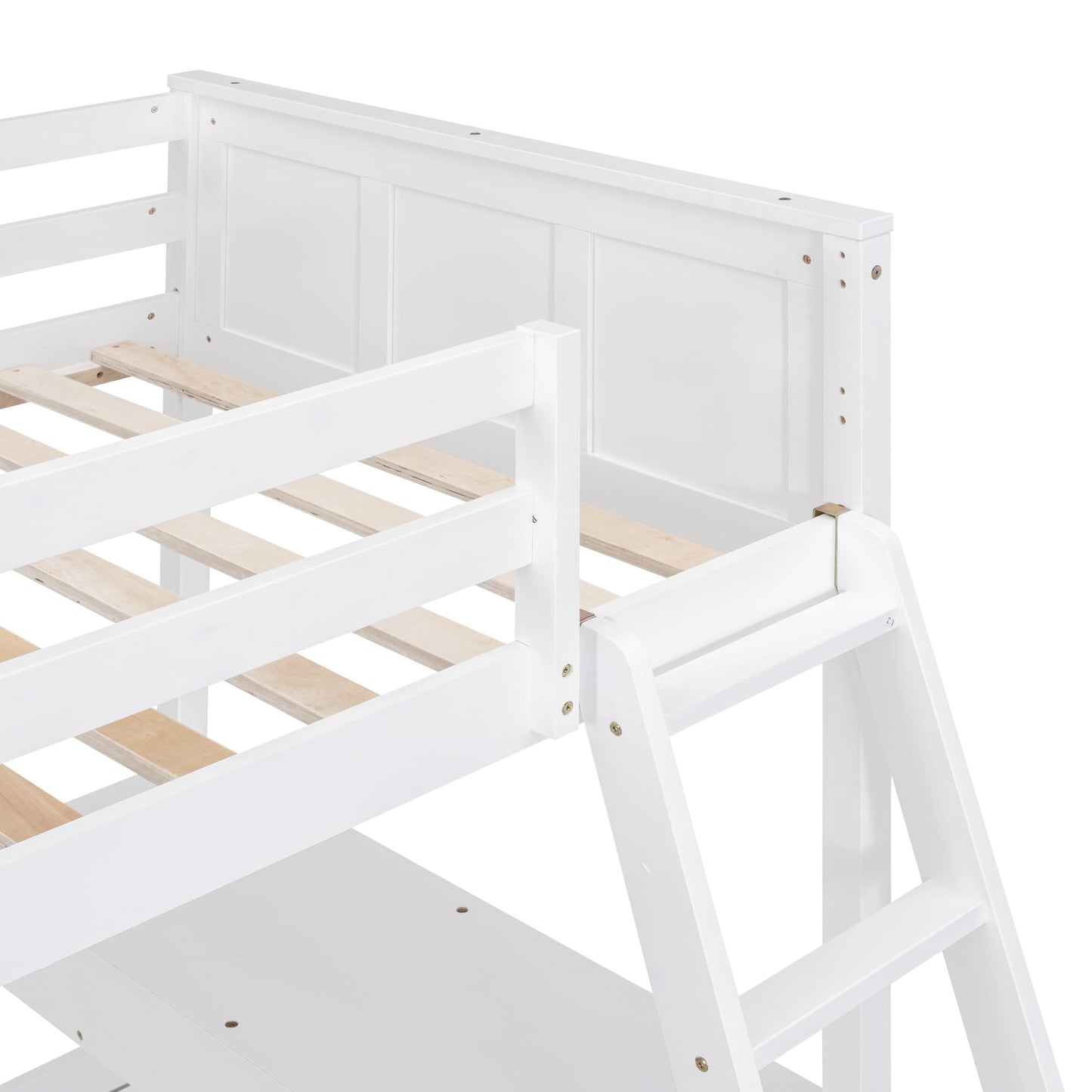 Bellemave Twin Over Full Bunk Bed with Desk and Movable Underbed in White - WoodArtSupply