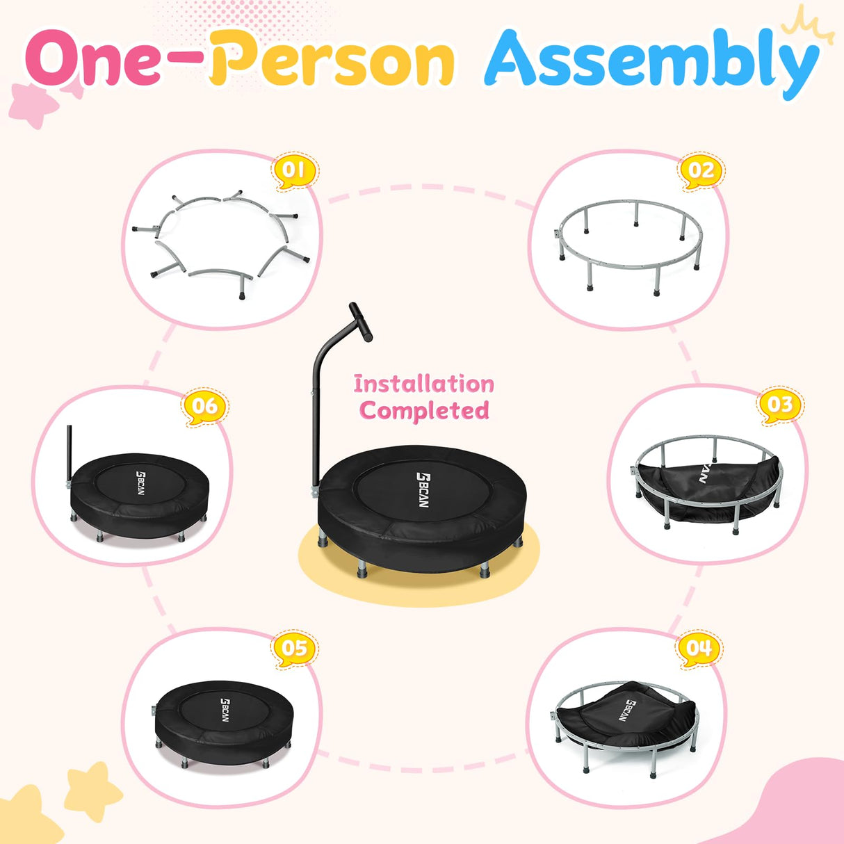 BCAN 36'' Mini Folding Ages 2 to 5 Toddler Trampoline with Handle for Kids, Indoor/Garden Toddlers Trampoline with Super Safe Cover for Toddlers, Black BCAN