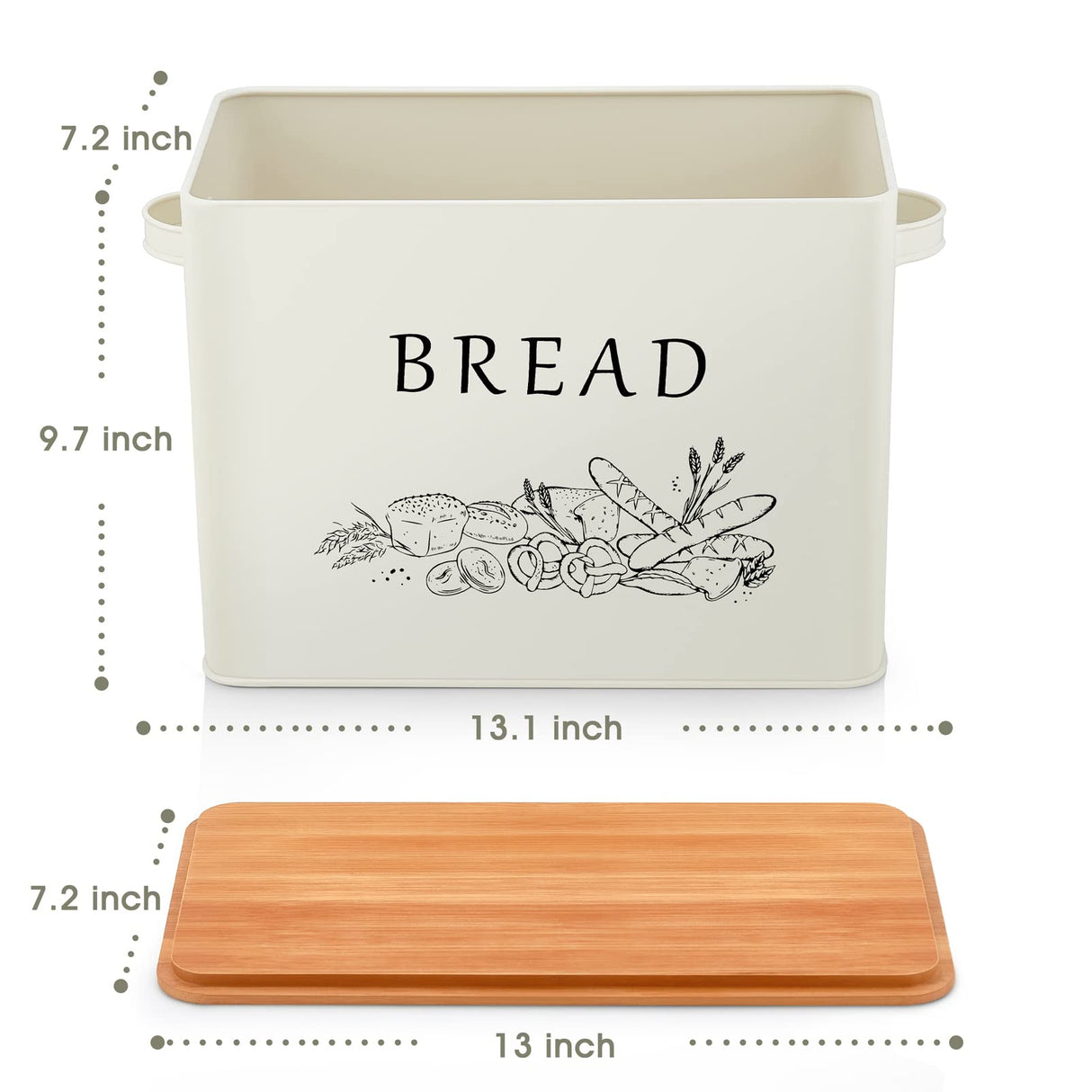TeamFar Bread Box with Wooden Lid, 13.1” x 7.2” x 9.7” Bread Container Storage Holder for Family Farmhouse Kitchen Countertop, Powder-Coated & Healthy, Large Capacity & Classic Pattern (Off White) TeamFar