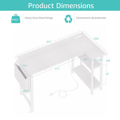 Lufeiya White L Shaped Computer Desk with Power Outlet Shelves, 47 Inch Corner Desk for Home Office Bedroom, L-Shaped Study Writing Working PC Desks, White