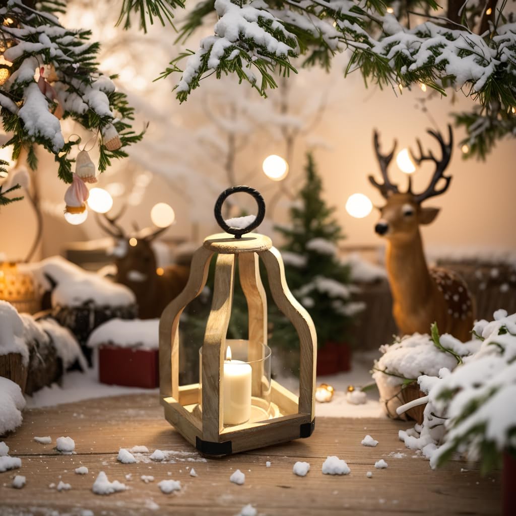 SWALLOWLIVING 13" Rustic Farmhouse Wood Candle Hurricane Lantern with Glass Candlestick Holder for Patio, Table Centerpiece, White Washed SwallowLiving