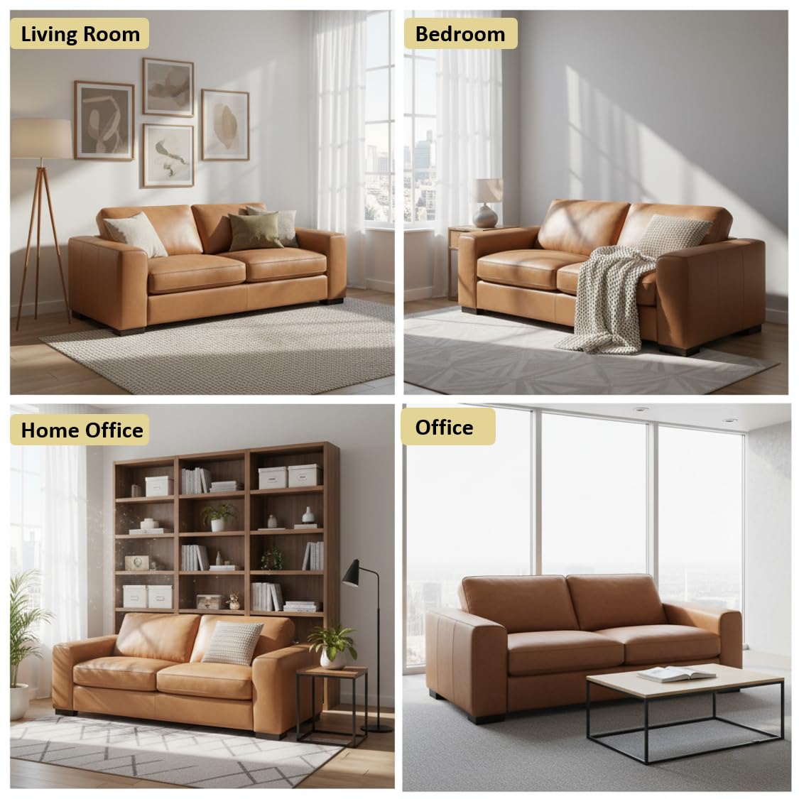 Naomi Home Freya Genuine Leather Loveseat Sofa - Luxurious Comfort, Goose Feather Cushion Filling, Square Arm Design, Sturdy Block Legs, Elegant Tan - Ideal for Living Room, Office, or Bedroom Naomi Home