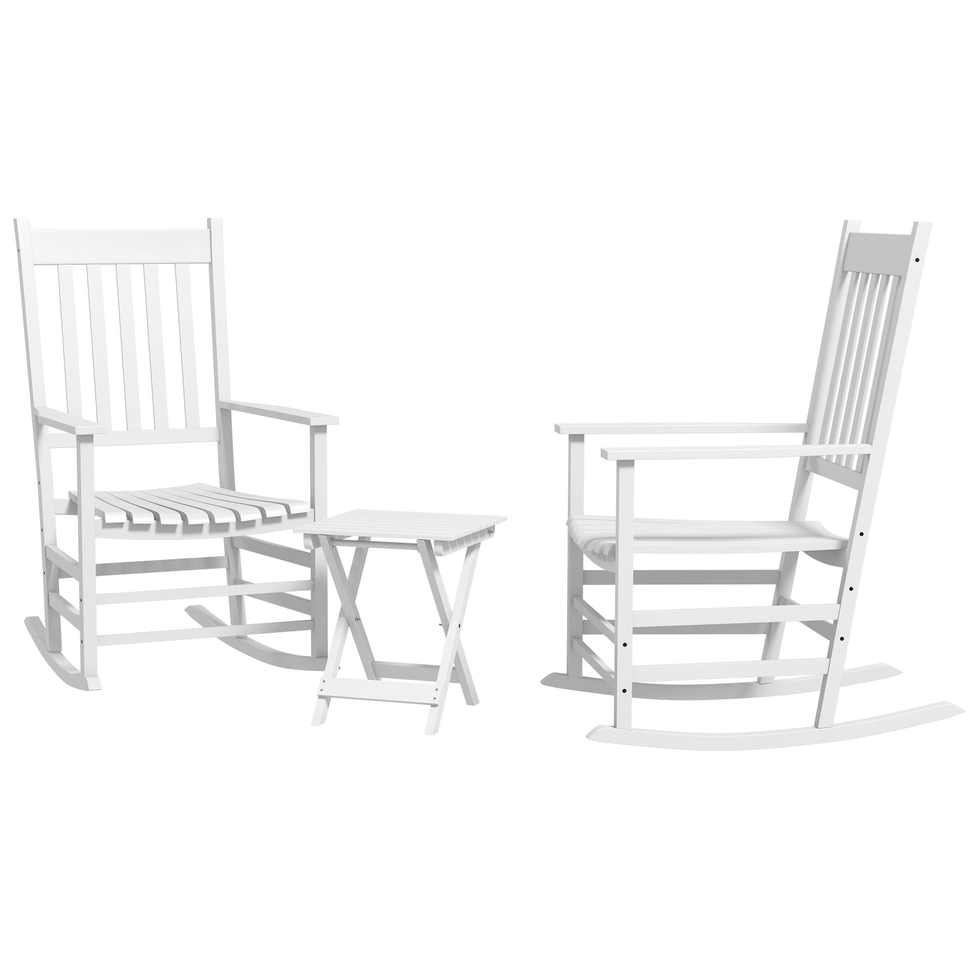 Outsunny Wooden Rocking Chair Set w/Foldable Side Table, Outdoor Rocker Chairs with Curved Armrests, High Back, Slatted Top Table for Garden, Balcony, Porch, Supports Up to 352 lbs., White - WoodArtSupply