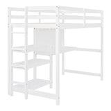 Merax Loft Bed Twin Size with Desk, Twin Loft Bed with Shelves and Writing Board for Kids, Boys or Girls, Wood Slat Support, No Box Spring Needed, White Merax
