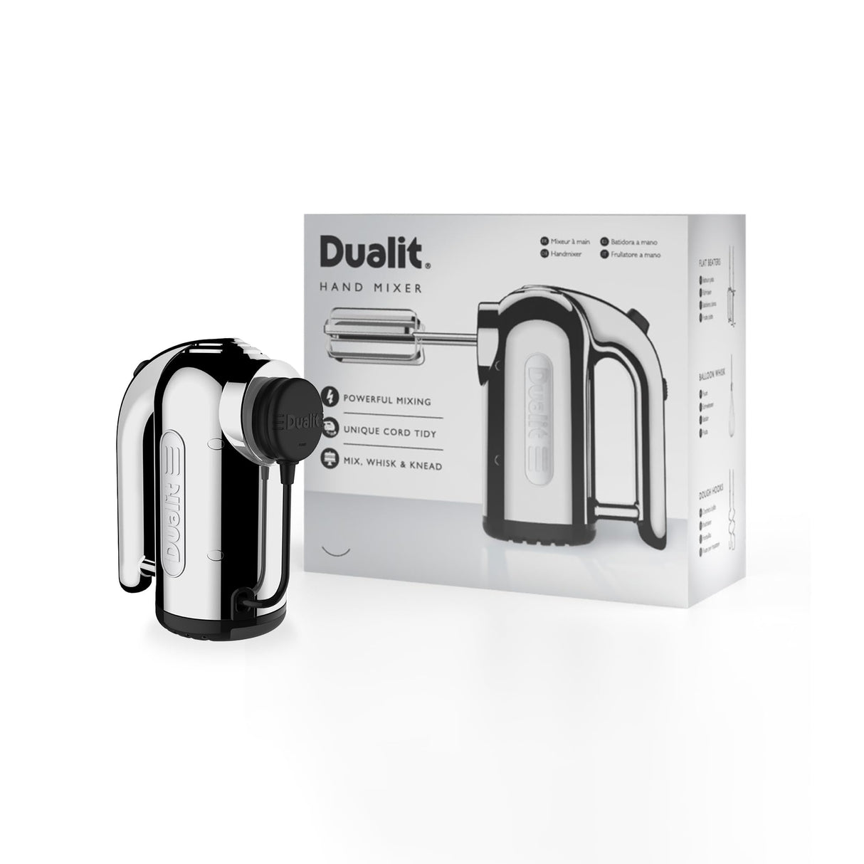 Dualit Hand Mixer - 400W - Strong Grip Handle - Attachments Included - Integral Plug Storage - 4 Speed Settings - Repairable gears - Flat Beaters, Dough Hooks, Balloon Whisk Dualit