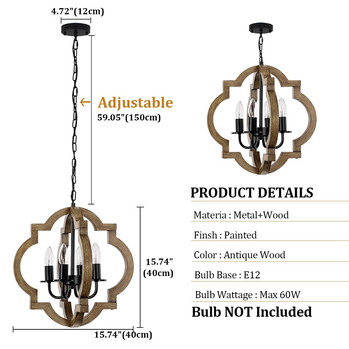 Farmhouse Orb Chandelier, Rustic Wood Chandelier for Dining Room, 4-Light Pendant Light for Kitchen Island Hallway Foyer Entryway Bedroom, Adjustable Height - WoodArtSupply