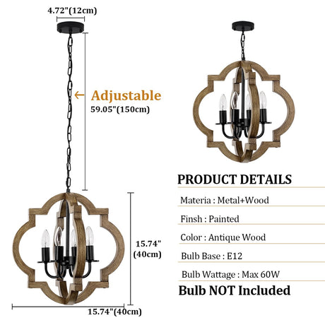 Farmhouse Orb Chandelier, Rustic Wood Chandelier for Dining Room, 4-Light Pendant Light for Kitchen Island Hallway Foyer Entryway Bedroom, Adjustable Height TOULMJ