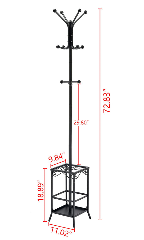 Hoctieon Coat Rack Freestanding,Entryway Hanger Stand,Umbrella Holder,Hall Tree With 12 Hooks, Floor Standing Metal Tree Stand, Black Hoctieon