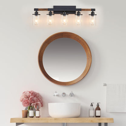 Feohak 5-Light Bathroom Vanity Light Fixtures, Farmhouse Vanity Lights for Bathroom, Rustic Industrial Vintage Black Wood Wall Sconce Over Mirror with Clear Glass Shade - WoodArtSupply