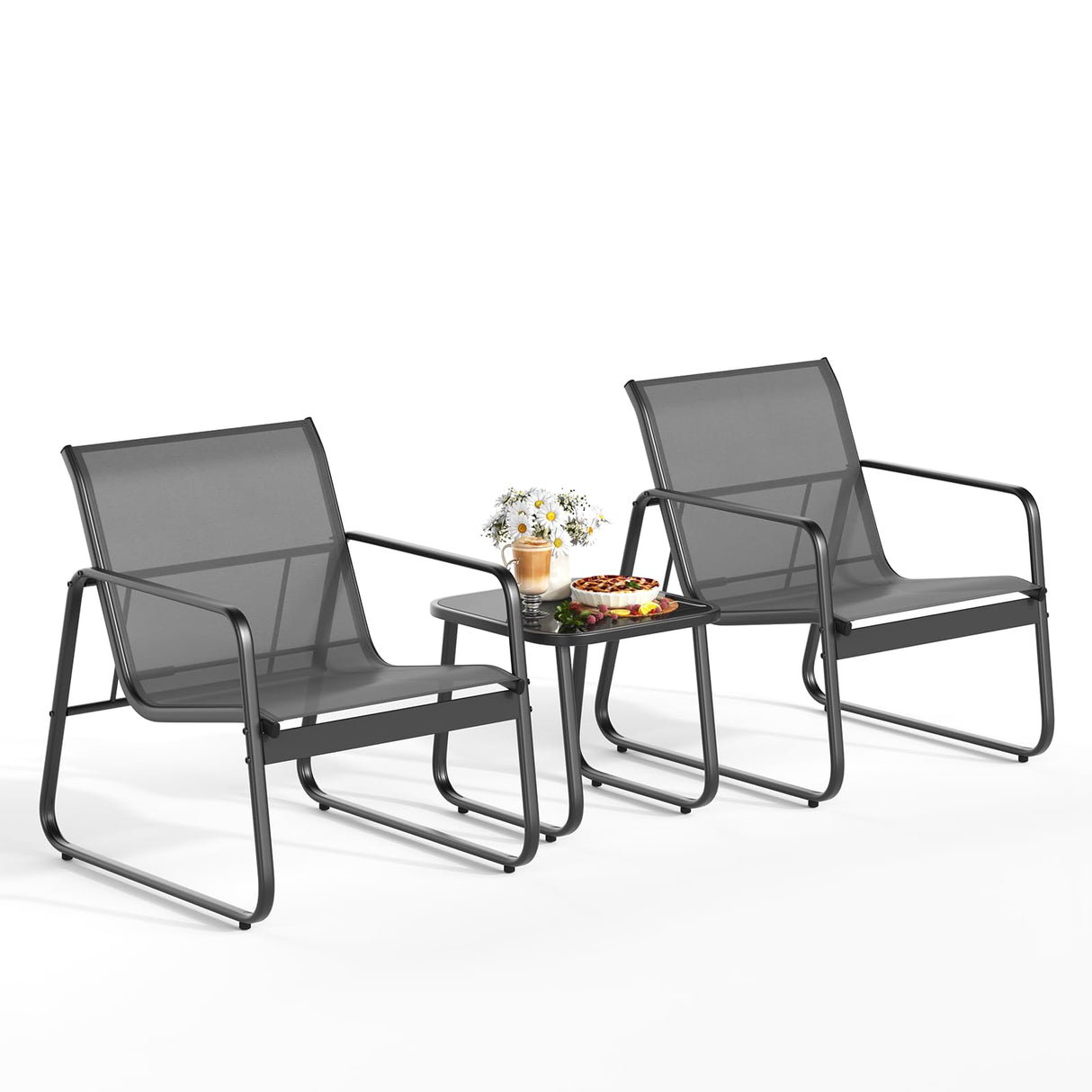 Gizoon Patio Chairs Set of 2, Patio Furniture Set with Metal Frame Glass Table, Outdoor Chairs Set of 2 for Balcony, Bistro Table and Chairs Set for Lawn, Black Gizoon
