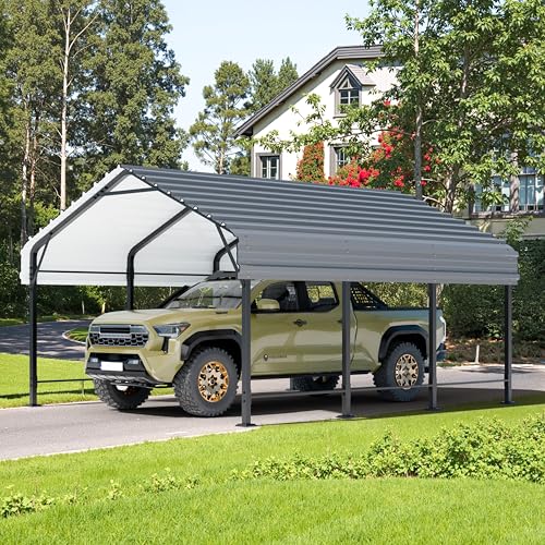 JY QAQA 12 x 15 FT Metal Carport Kits with Galvanized Steel Roof, Heavy Duty Metal Carport Canopy, Outdoor Car Tent Garage Shelter for Car, SUV, Truck and Boats JY QAQA PET