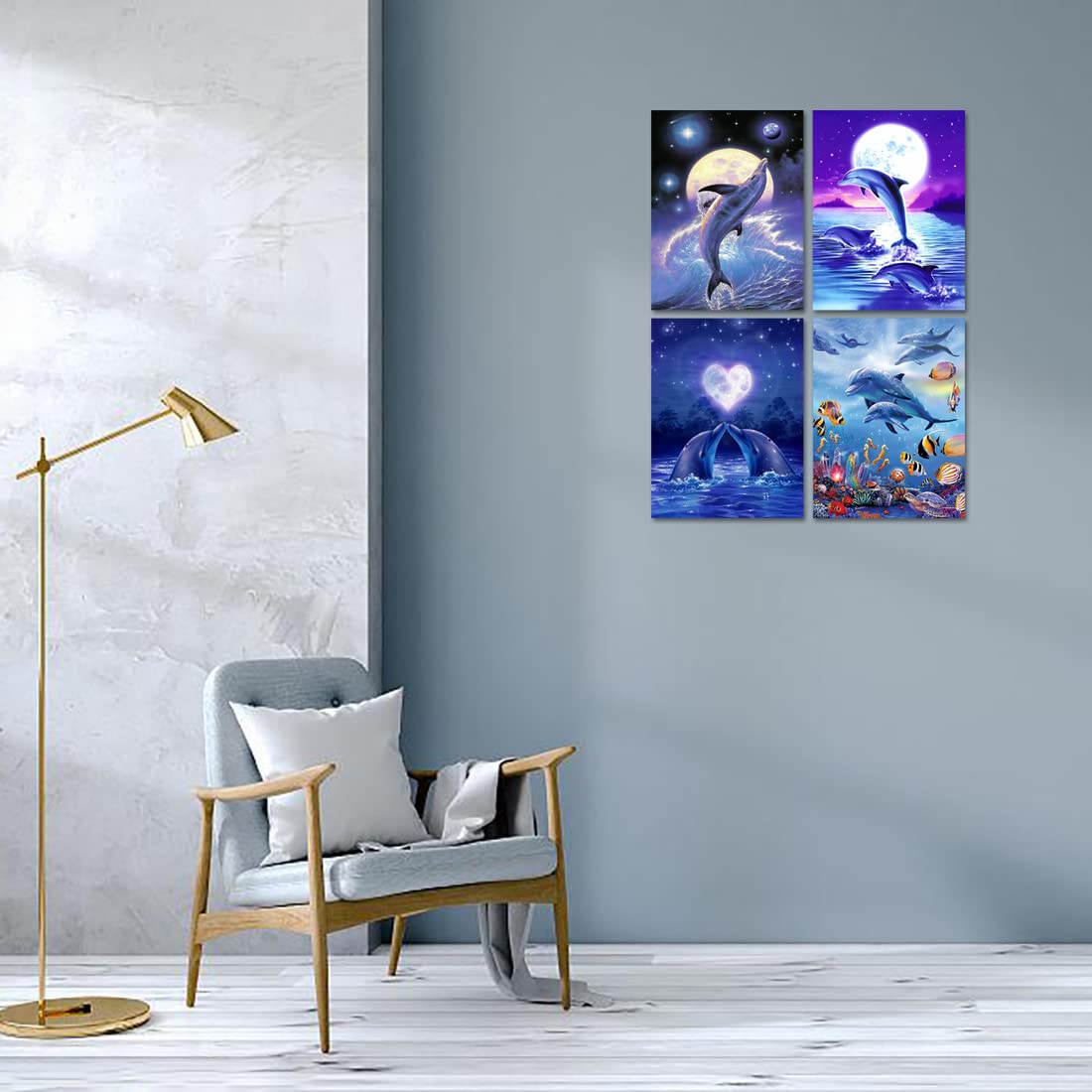 Muzagroo Art 4 Pack Diamond Paintings Kits for Adults 5D Diamond Art DIY with Round Full Drill Diamonds for Beginners Dolphins Diamond Wall Art for Living Room Muzagroo Art