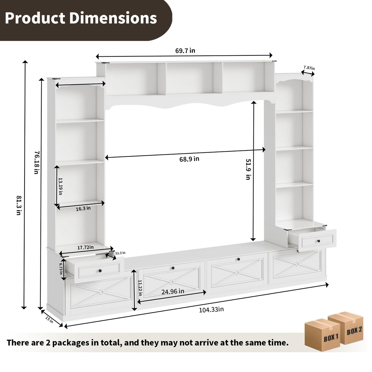 Loomie 104" W Wall Unit TV Stand with Storage for TVs up to 80", Large Farmhouse Wall Unit Entertainment Center with Bridge & Bookshelves, Tall TV Console Table Media Center for Living Room (White) Loomie