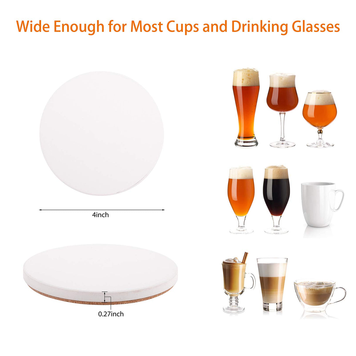 HooAMI Sublimation Blanks Coaster for Drinks, Absorbent Ceramic Stone Coaster Set with Cork Backing Pads, Heat Transfer Cup Coasters for Home Decor,Set of 6 (Round) HooAMI