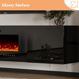 AMERLIFE Floating Fireplace TV Stand, Wall Mounted Mirrored Entertainment Center with 40" Electric Fireplace, Modern LED Lights Media Console for TVs Up to 90", Black AMERLIFE