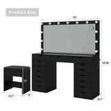 Yanosaku 15 Drawers Vanity Desk with Power Outlet, Makeup Table with Mirror and 13 LED Lights, 3 Color Lighting Modes, Brightness Adjustable, Glass Top Dressing Table, Vanity Set for Bedroom (Black) Yanosaku