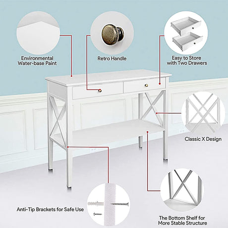 ChooChoo Console Table with Drawers, Narrow Wood Accent Sofa Table Entryway Table with Storage Shelf for Entryway, Front Hall, Hallway, Living Room, White ChooChoo