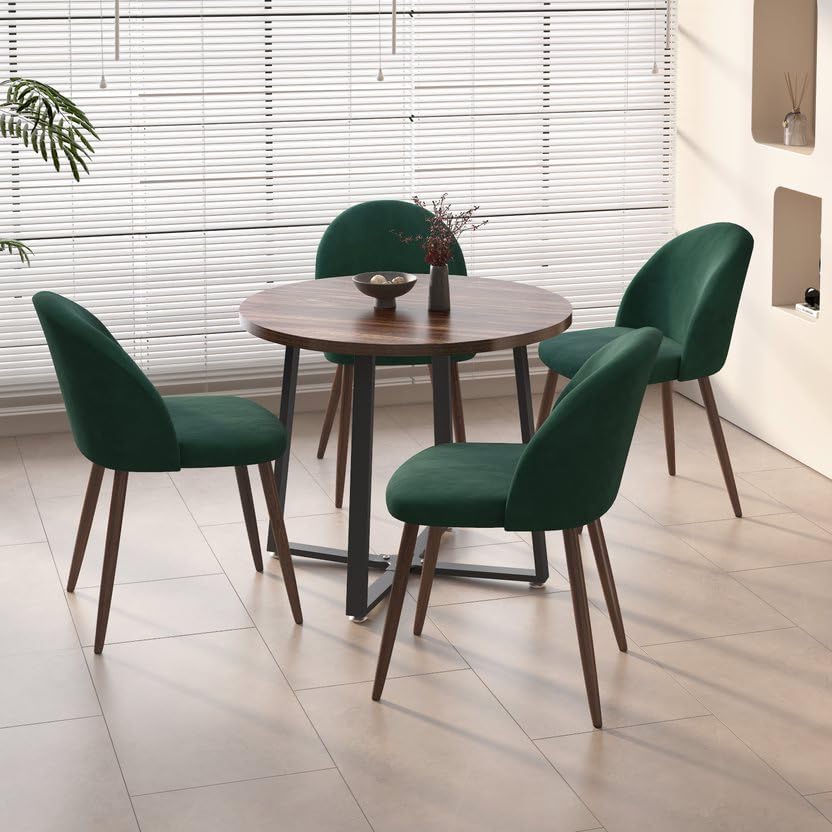 INO Design 5-Pieces Modern 35'' Inch Round Wooden Dining Table Set for 4 Comfortable Velvet Chairs, Space Saving Kitchen Furniture, Small Apartment Coffee Table Set (Green) INO Design