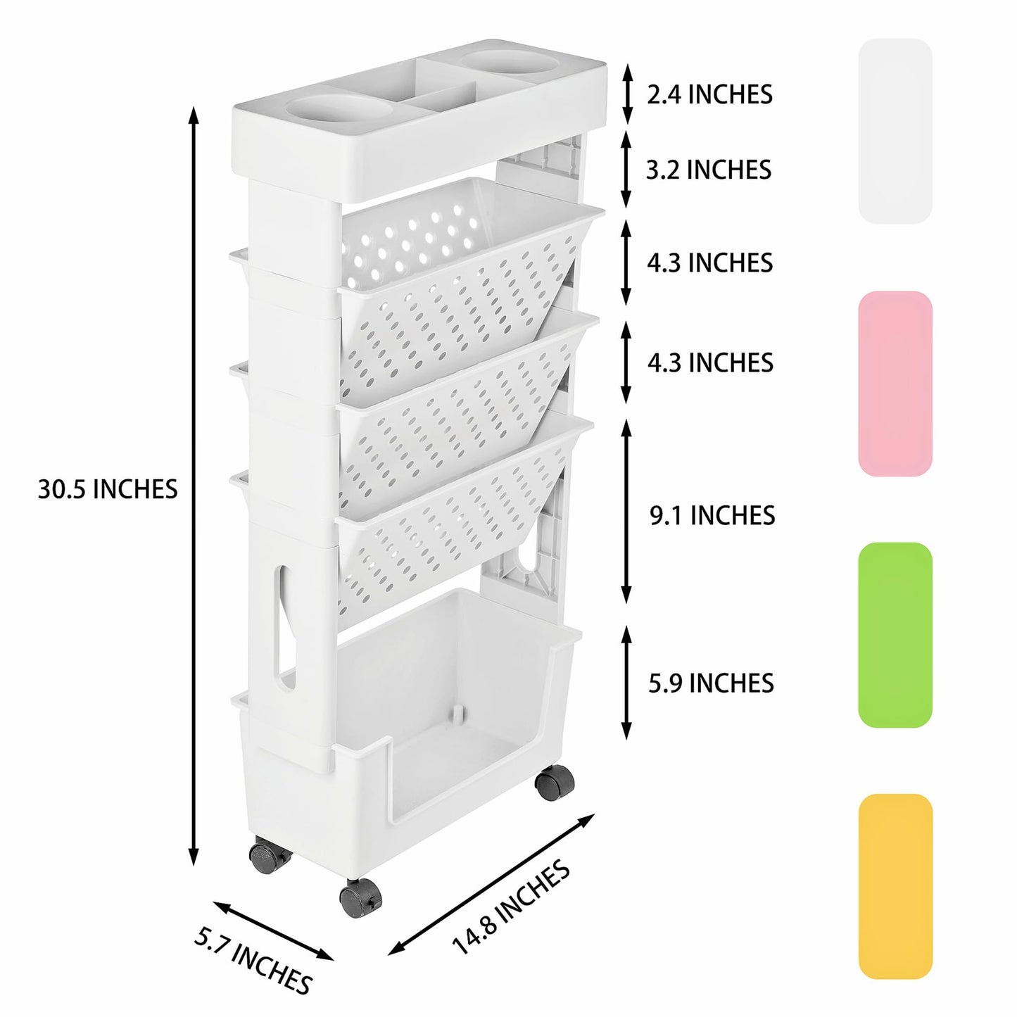 YEMUNY 5 Tier Rolling Utility Cart Multi-Functional Movable Storage Book Shelves with Lockable Casters for Study Office Kitchen Classroom, White - WoodArtSupply