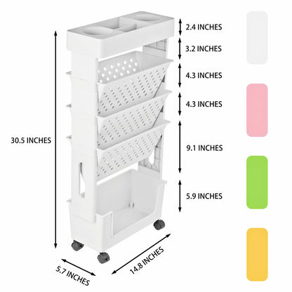 YEMUNY 5 Tier Rolling Utility Cart Multi-Functional Movable Storage Book Shelves with Lockable Casters for Study Office Kitchen Classroom, White - WoodArtSupply