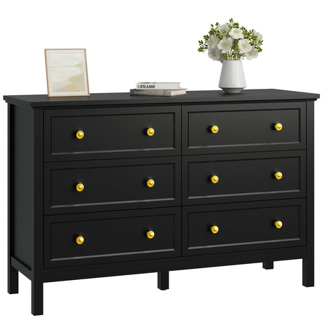 CARPETNAL Black Dresser for Bedroom, 6 Drawer Dresser with Wide Drawer and Metal Handles, Wood Dressers & Chests of Drawers for Hallway, Entryway. CARPETNAL