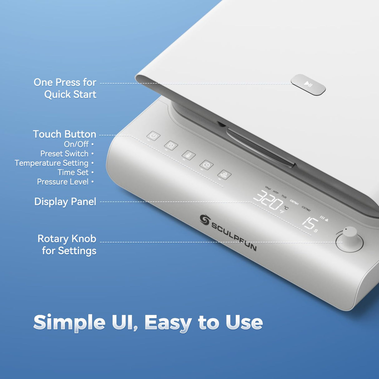 SCULPFUN H1 Upward Pressure Auto Heat Press Machine,3 Levels Adjustable Pressure Up to 176lb,Fast and Even Heating with Smart Control for DTF,T-Shirts,Sublimation,Vinyl,Heat Transfer Projects,15"x15" SCULPFUN