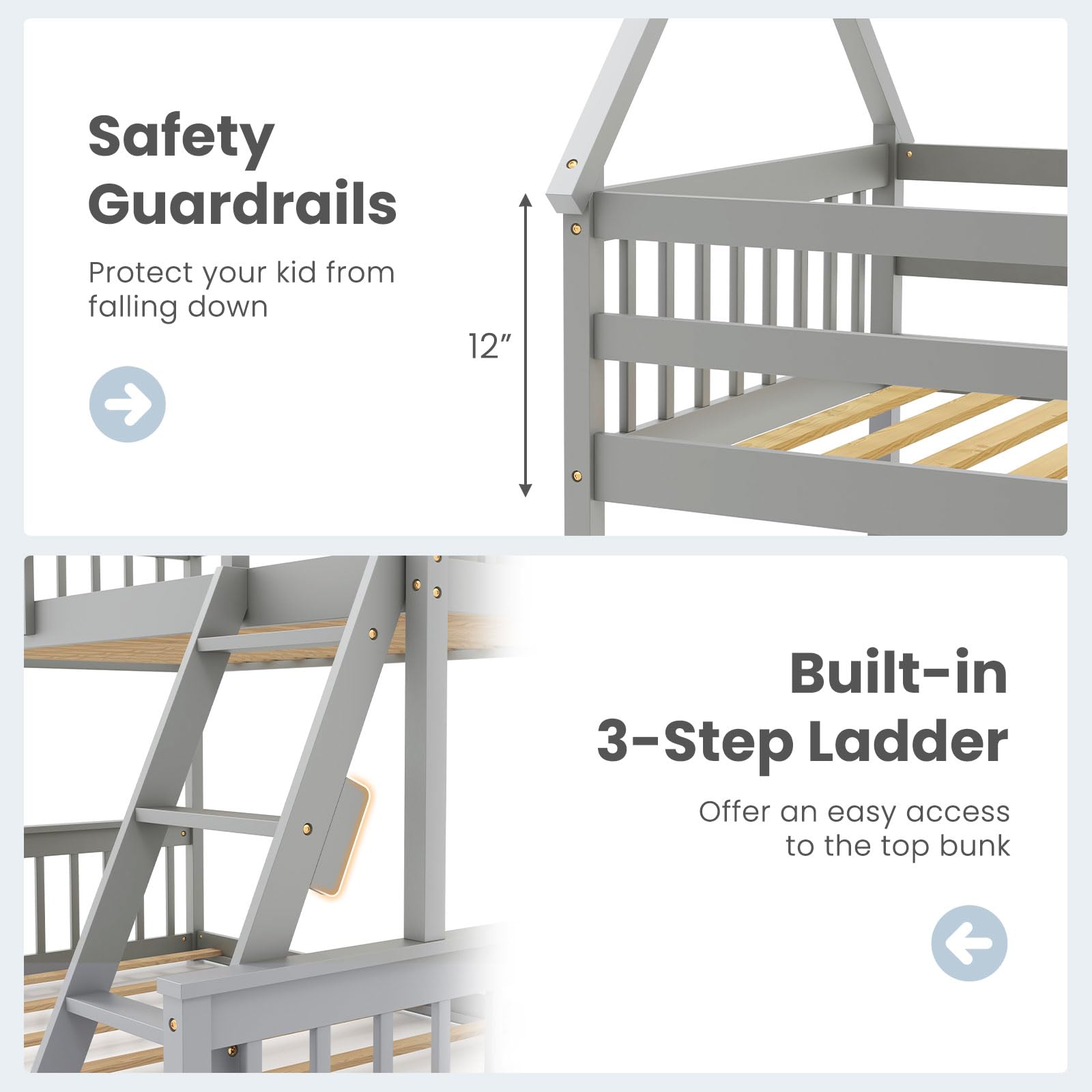 KOMFOTT Grey Twin Over Full House Bunk Bed with Integrated Ladder and Safety Guardrails - WoodArtSupply