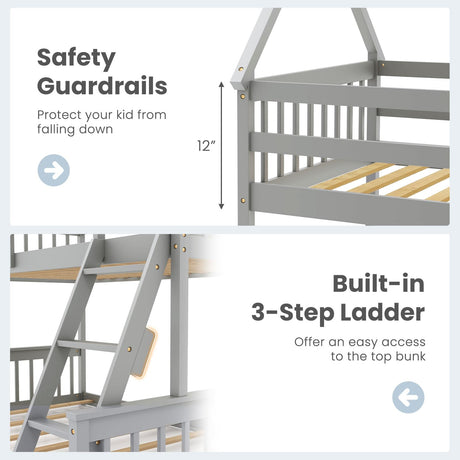 KOMFOTT Grey Twin Over Full House Bunk Bed with Integrated Ladder and Safety Guardrails KOMFOTT
