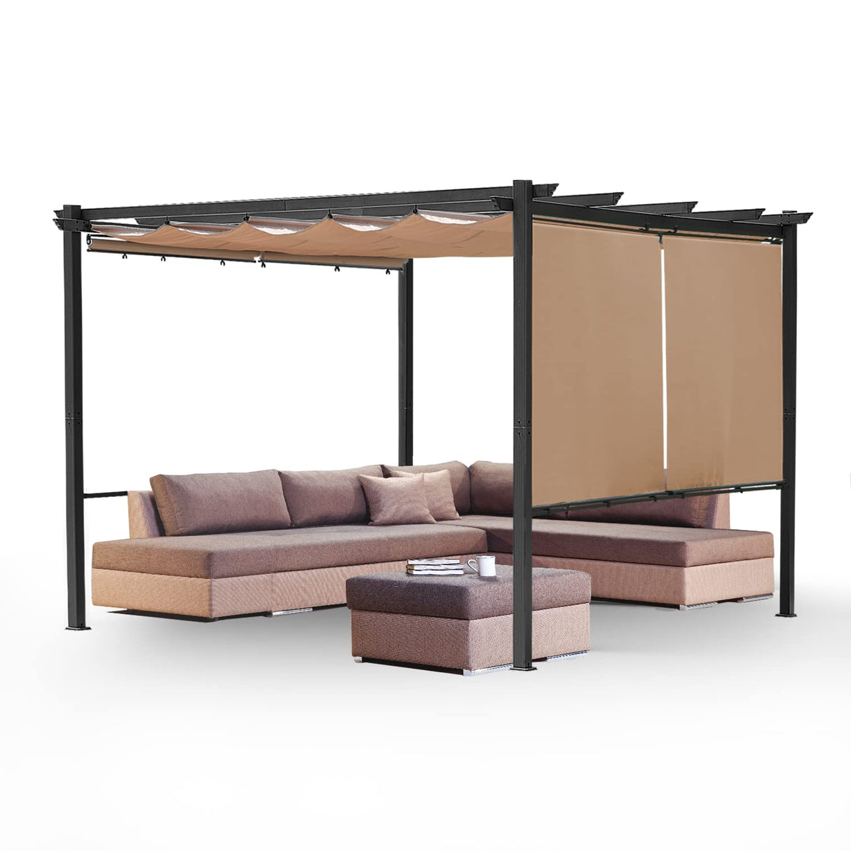 Aoodor 12 x 12 FT Outdoor Pergola with Retractable Canopy, Aluminum Frame, 2 Sides Patio Sun Shade Shelter for Backyard, Deck - Dark Brown Aoodor