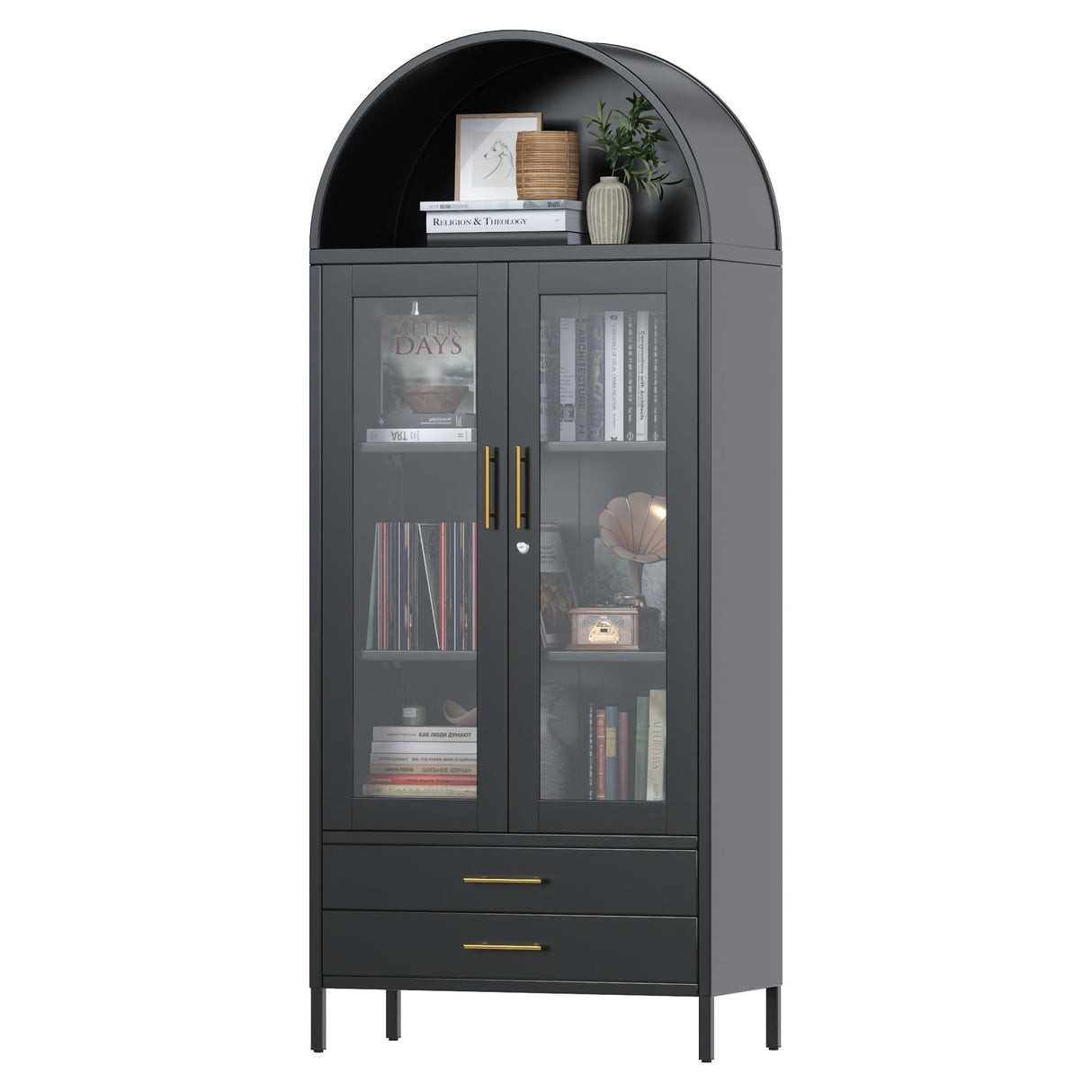 GangMei 73'' Metal Tall Arched Display Cabinet with Glass Doors, Freestanding Black Arch Bookcase with 2 Drawers, Kitchen Pantry Cabinet for Home Office Living Room GangMei