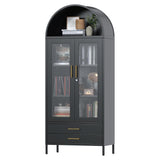 GangMei 73'' Metal Tall Arched Display Cabinet with Glass Doors, Freestanding Black Arch Bookcase with 2 Drawers, Kitchen Pantry Cabinet for Home Office Living Room GangMei