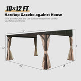 Domi 10' x 12' Lean to Gazebo with Aluminum Frame, Wall Mounted Gazebo Hardtop Galvanized Steel Sloping Roof with Curtains and Netting for Patio Deck Backyard Lawn Party domi outdoor living