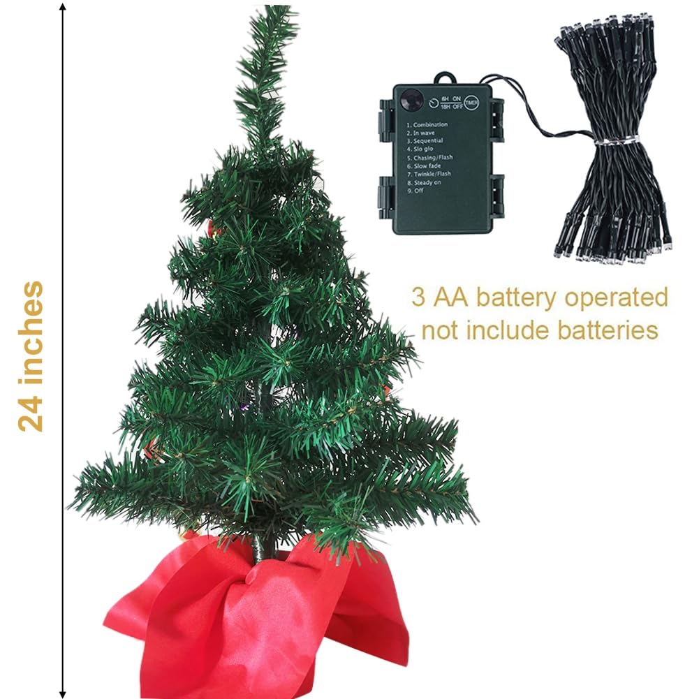 Juegoal 24 Inch Mini Christmas Tree Set, Table Top Artificial Christmas Trees with 50 LED Lights, Ornaments and Red Berries, Best DIY Christmas Decorations Juegoal
