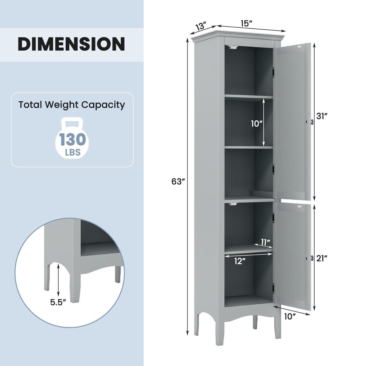 Tangkula Bathroom Storage Cabinet, 63" Freestanding Tall Narrow Floor Cabinet w/ 1 Adjustable Shelf & 2 Doors, Modern Slim Wooden Bathroom Cabinet for Bathroom Living Room (Grey)