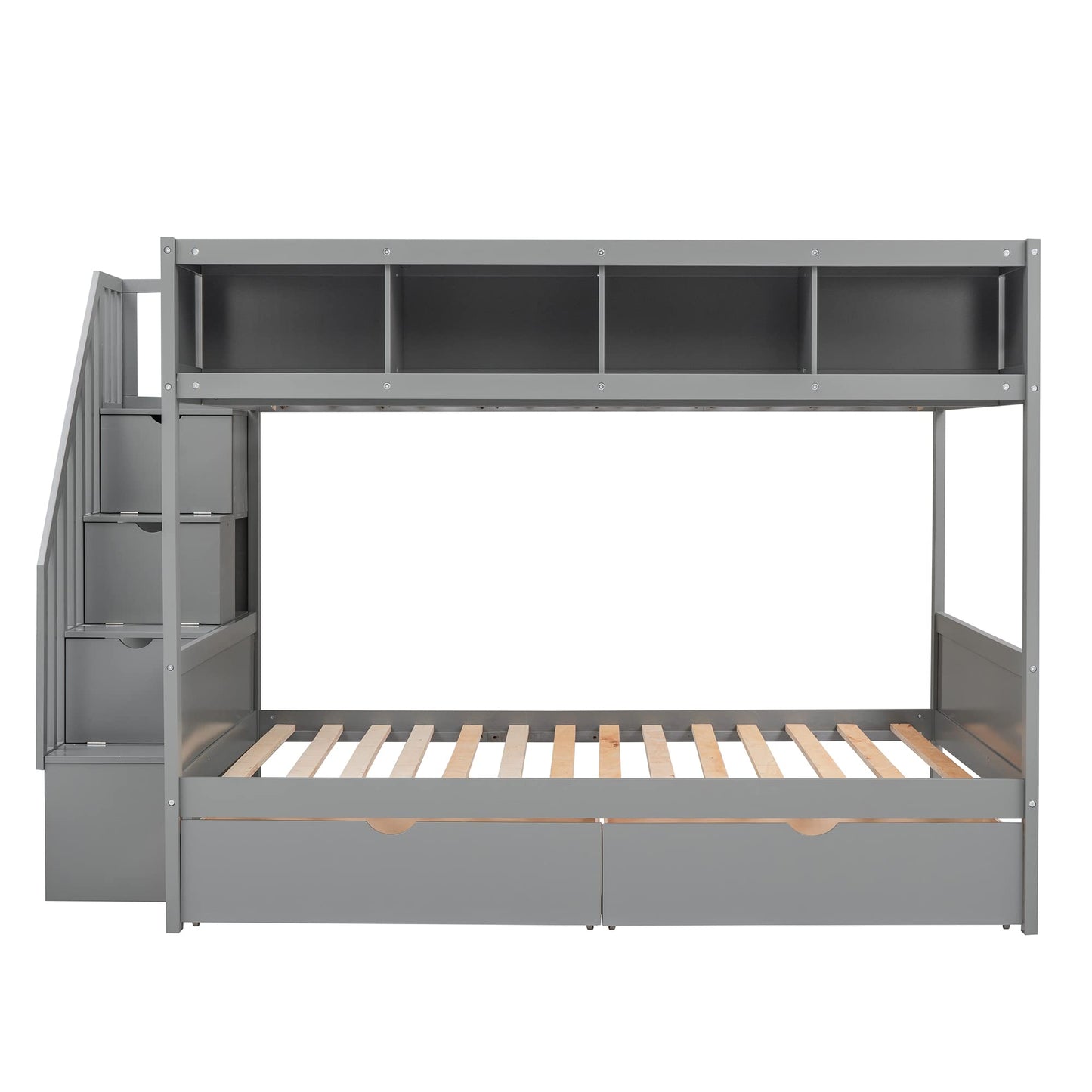 Harper & Bright Designs Grey Twin Over Full Bunk Bed with Stairs and Storage Solutions