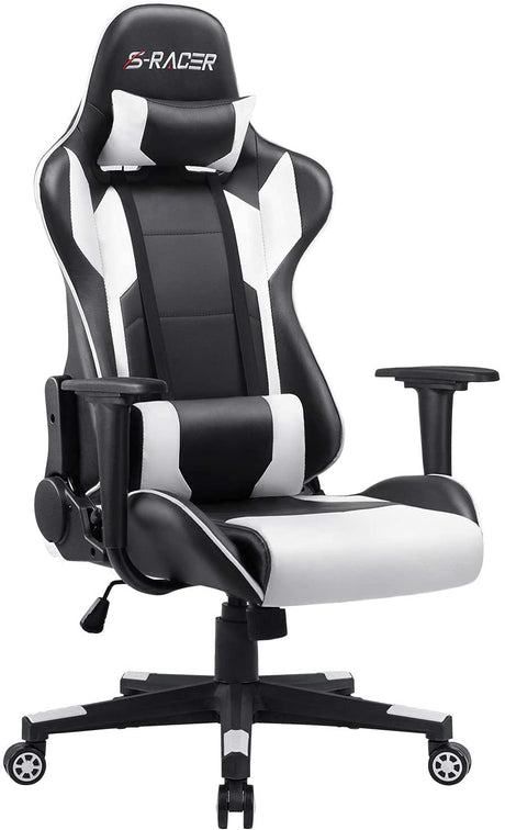 Furniwell Gaming Chair PU Leather Office Chair High Back Computer Chair Desk Chair Adjustable Swivel Racing Executive Leather Ergonomic Task Chair with Headrest and Lumbar Support (White) Furniwell