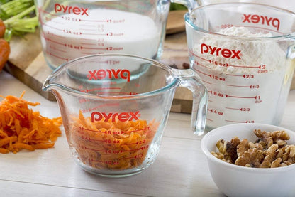 Pyrex 3 Piece Measuring Cup Set, Includes 1, 2, and 4 Tempered Glass Liquid Measuring Cups, Dishwasher, Freezer, Microwave, and Oven Safe, Essential Kitchen Tools