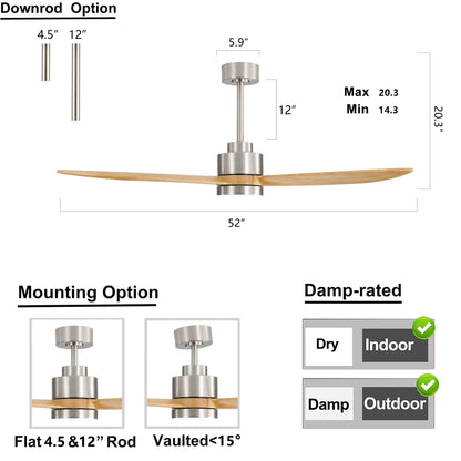 ELEHINSER 52" Wood Ceiling Fan with Lights and Remote Control, 3 Blades 6-Speed Dimmable Light Reversible DC Motor Ceiling fan for Kitchen Bedroom Dining Living Room, Wood Blades with Nickel - WoodArtSupply